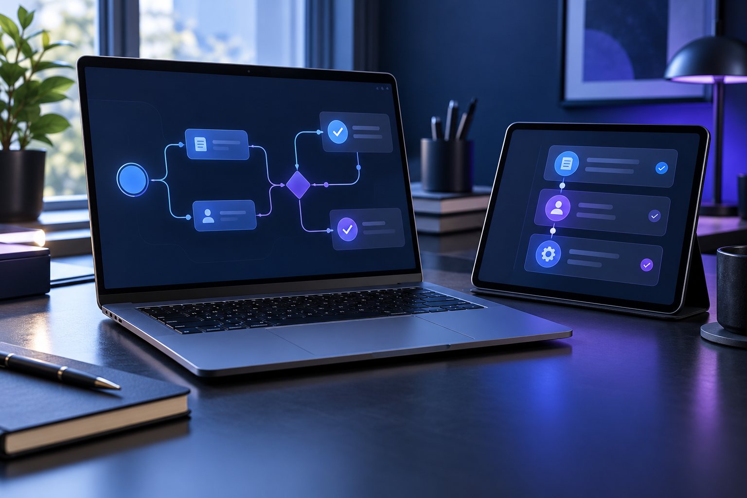Illustratieve workflow op laptop en tablet