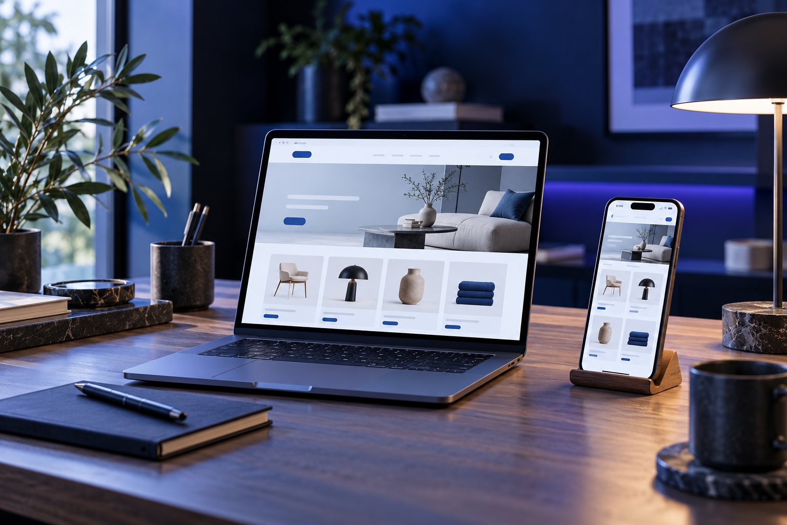 Illustratief beeld van een webshop op laptop en smartphone